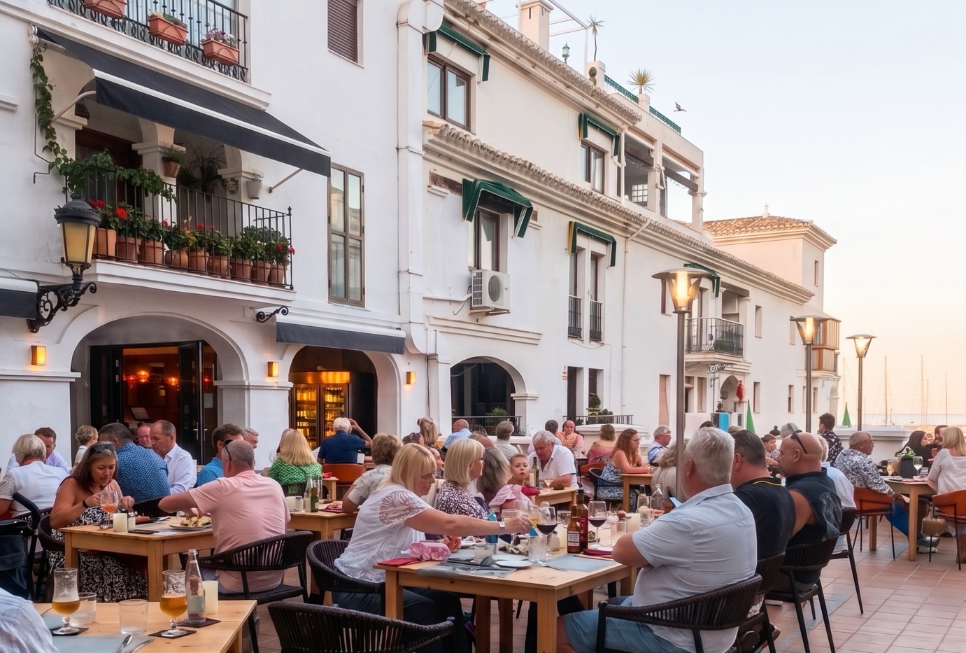 Busy restaurant terrace at sunset on the Costa del Sol