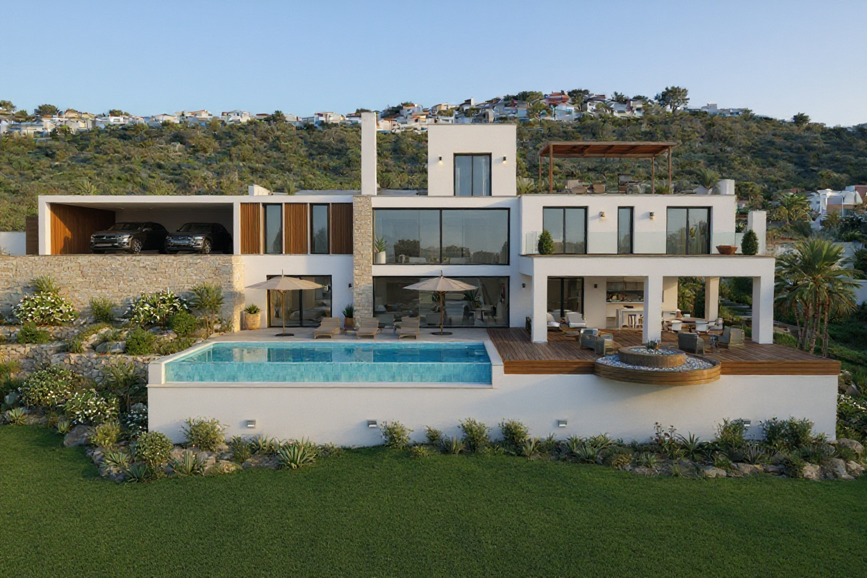 Modern multi-level new build villa with landscaped garden and swimming pool