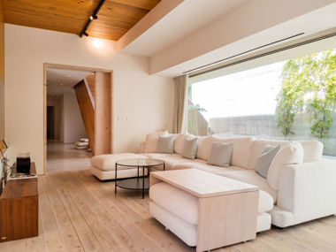 Living area with natural wood finishes and neutral tones