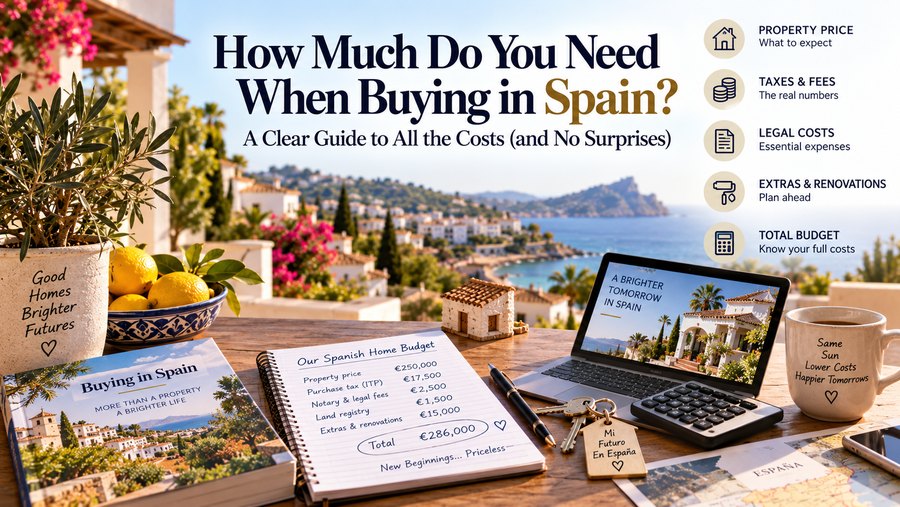 A desk with a notebook showing a Spanish property budget, a laptop and a mug about buying property in Spain