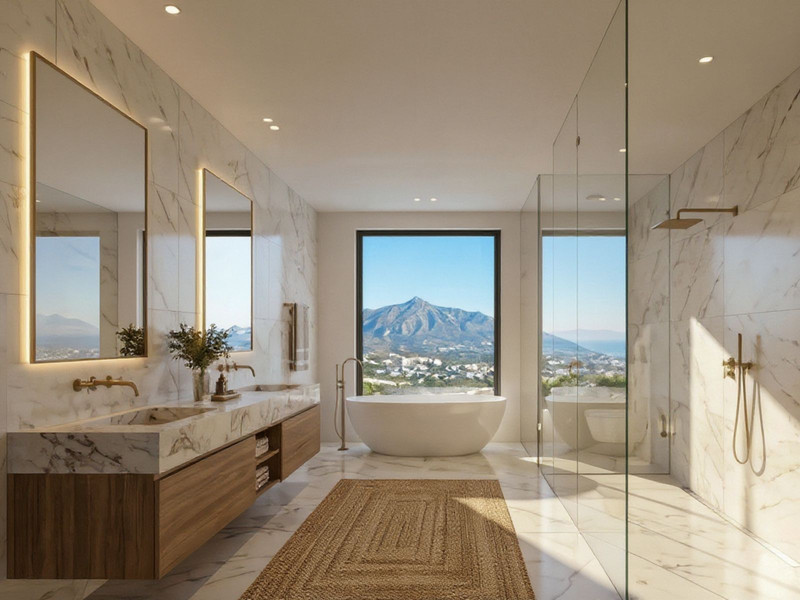 En-suite bathroom with freestanding bath and panoramic window