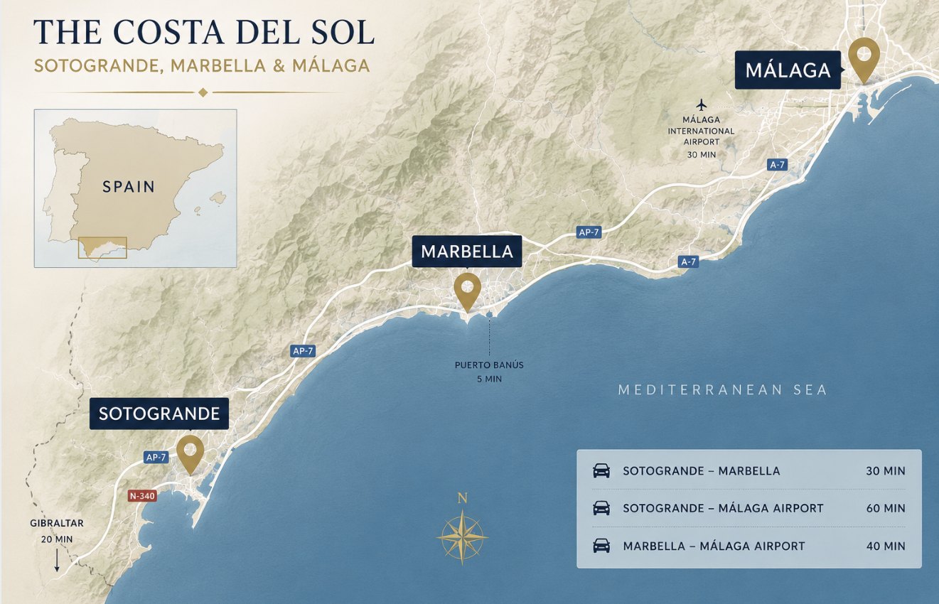Map of the Costa del Sol showing Sotogrande, Marbella and Málaga with driving times between them
