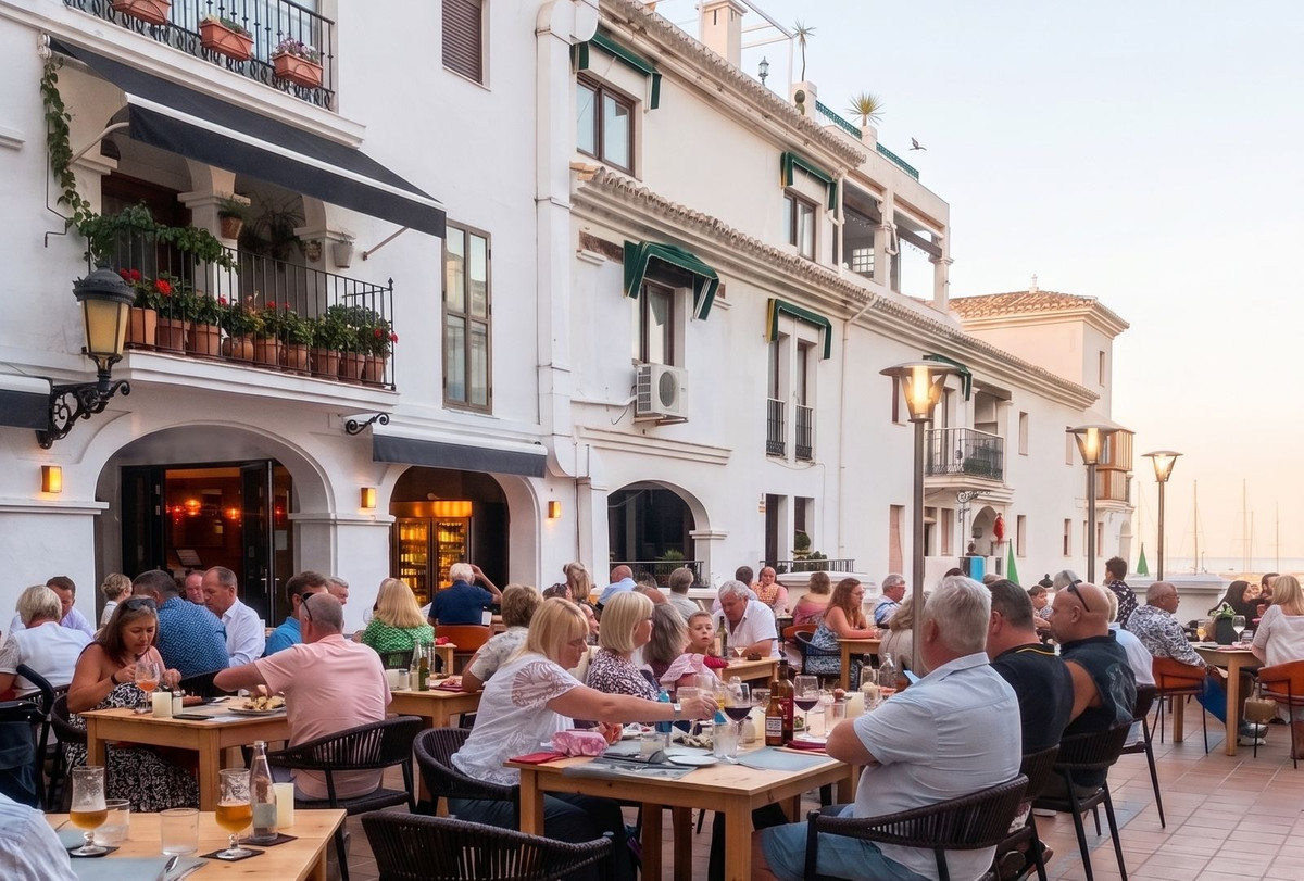 Restaurant terrace full of diners at sunset