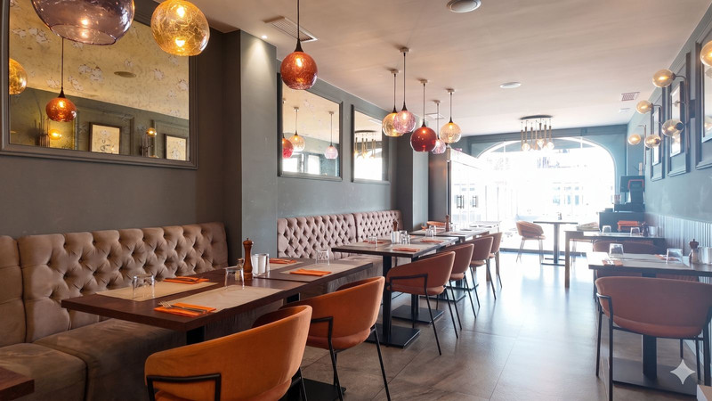 Dining room with booths and pendant lighting