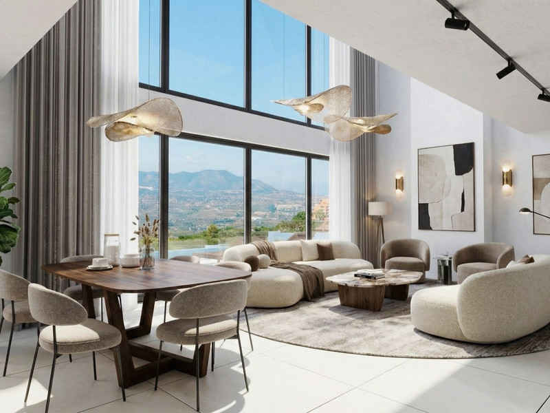 Open-plan living and dining area with floor-to-ceiling windows