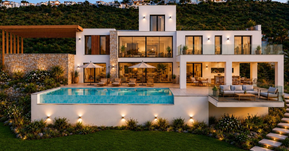 Villa exterior and swimming pool at dusk