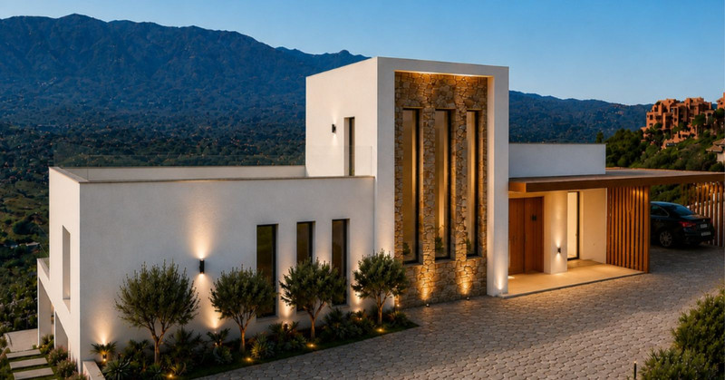 Villa entrance lit at dusk