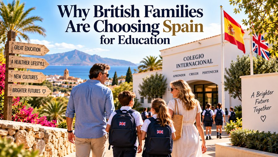 A family walking towards an international school in Spain with a coastal town and mountains beyond