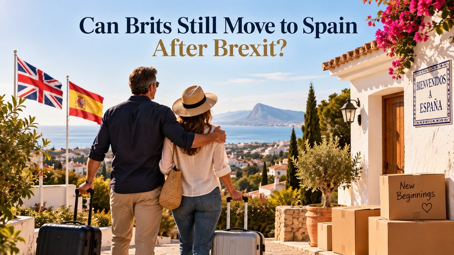 A couple walking towards a house in Spain with luggage, boxes marked New Beginnings and a welcome sign