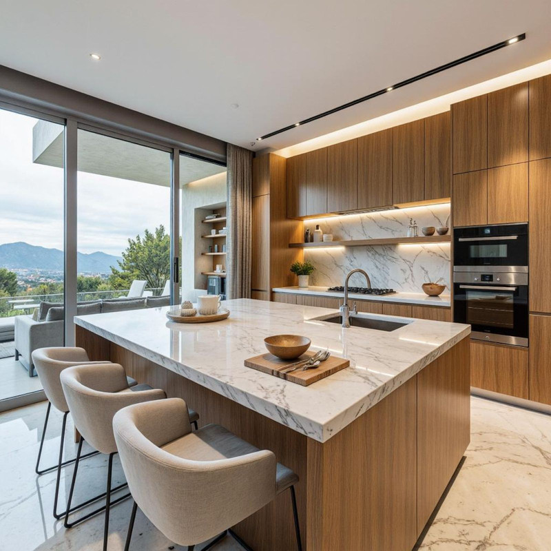 Kitchen with marble island and mountain views