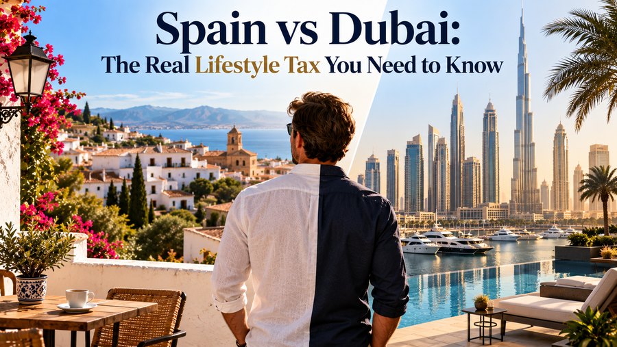 A man looking out at a split view of a Spanish coastal town on one side and the Dubai skyline on the other